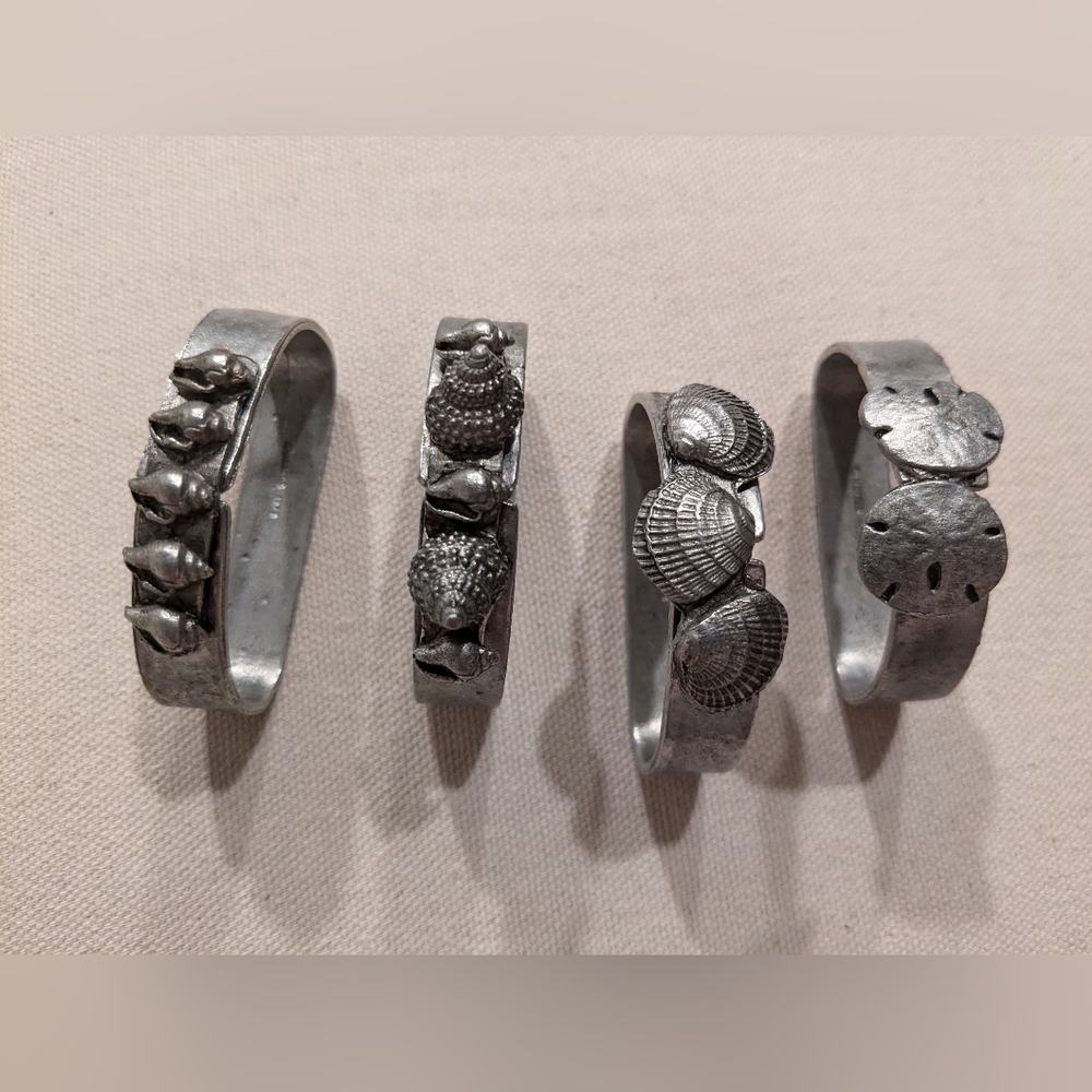 Vintage Beautiful Antique Pewter Silver SeaShell design Napkin Rings Set of 4